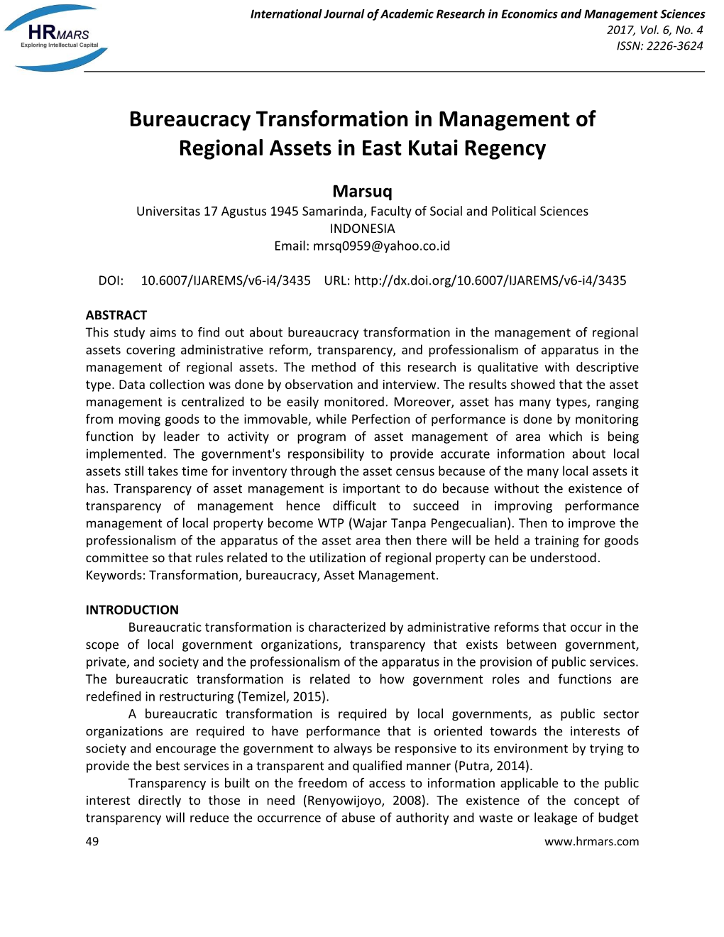 Bureaucracy Transformation in Management of Regional Assets in East Kutai Regency