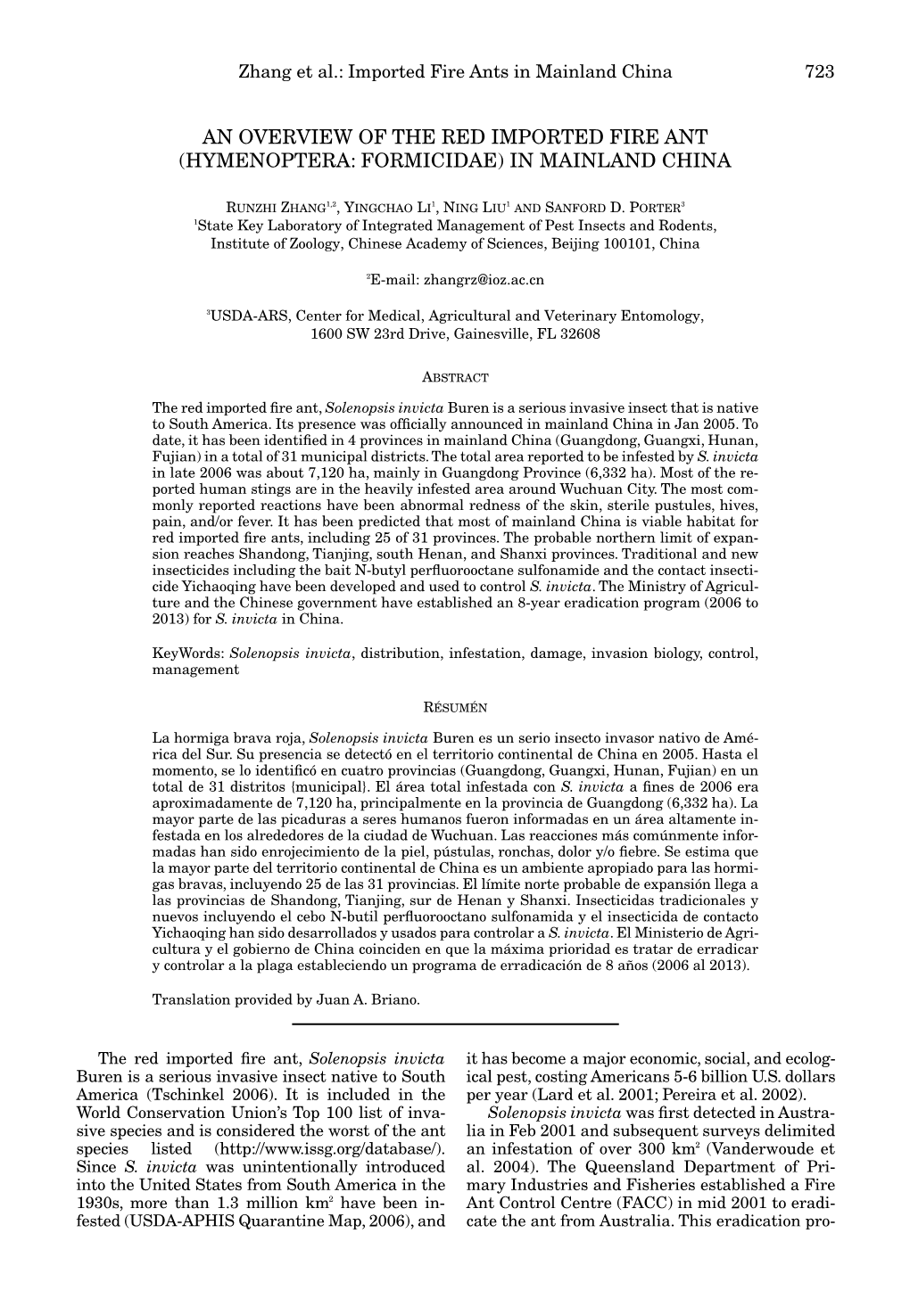 An Overview of the Red Imported Fire Ant (Hymenoptera: Formicidae) in Mainland China