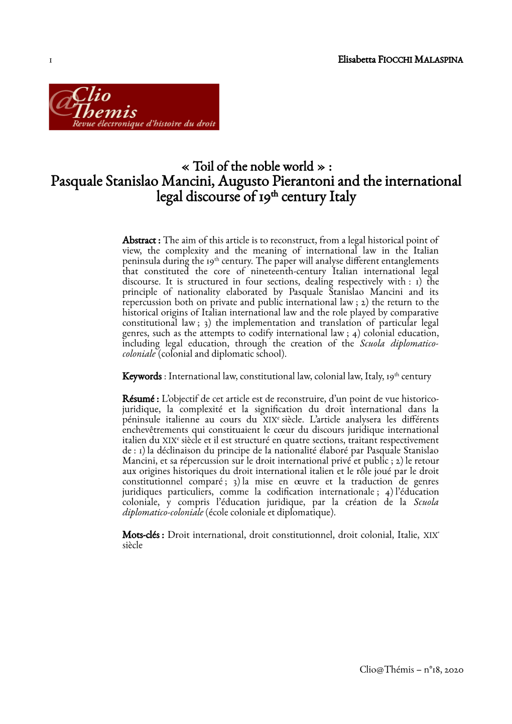 Pasquale Stanislao Mancini, Augusto Pierantoni and the International Legal Discourse of 19Th Century Italy