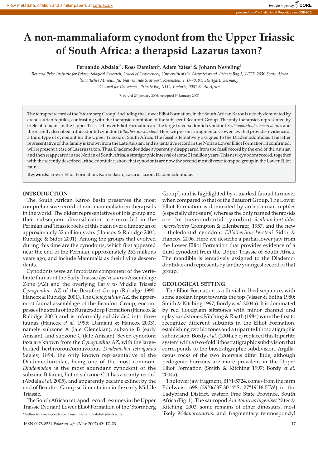 A Non-Mammaliaform Cynodont from the Upper Triassic of South Africa: a Therapsid Lazarus Taxon?