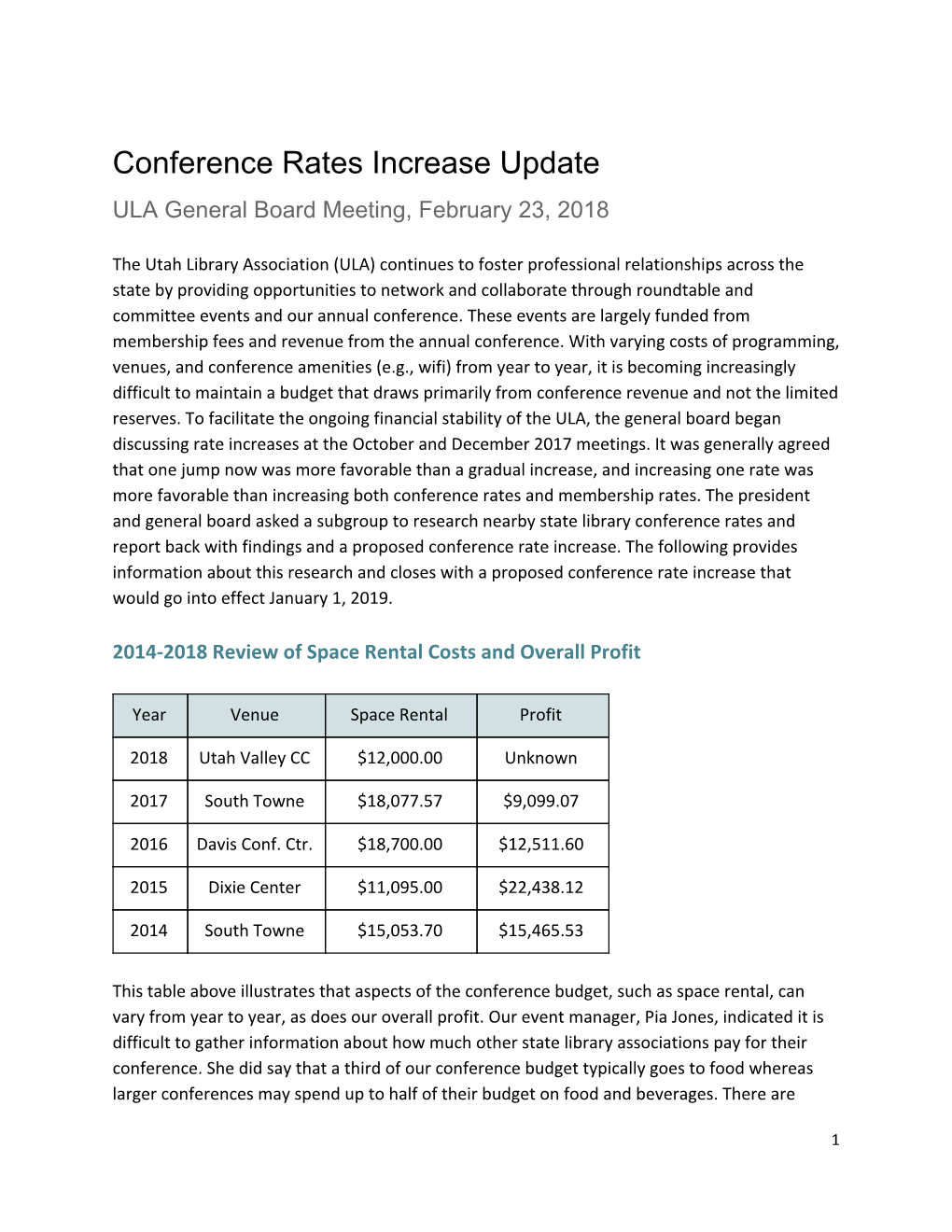 Conference Rates Increase Update ULA General Board Meeting, February 23, 2018