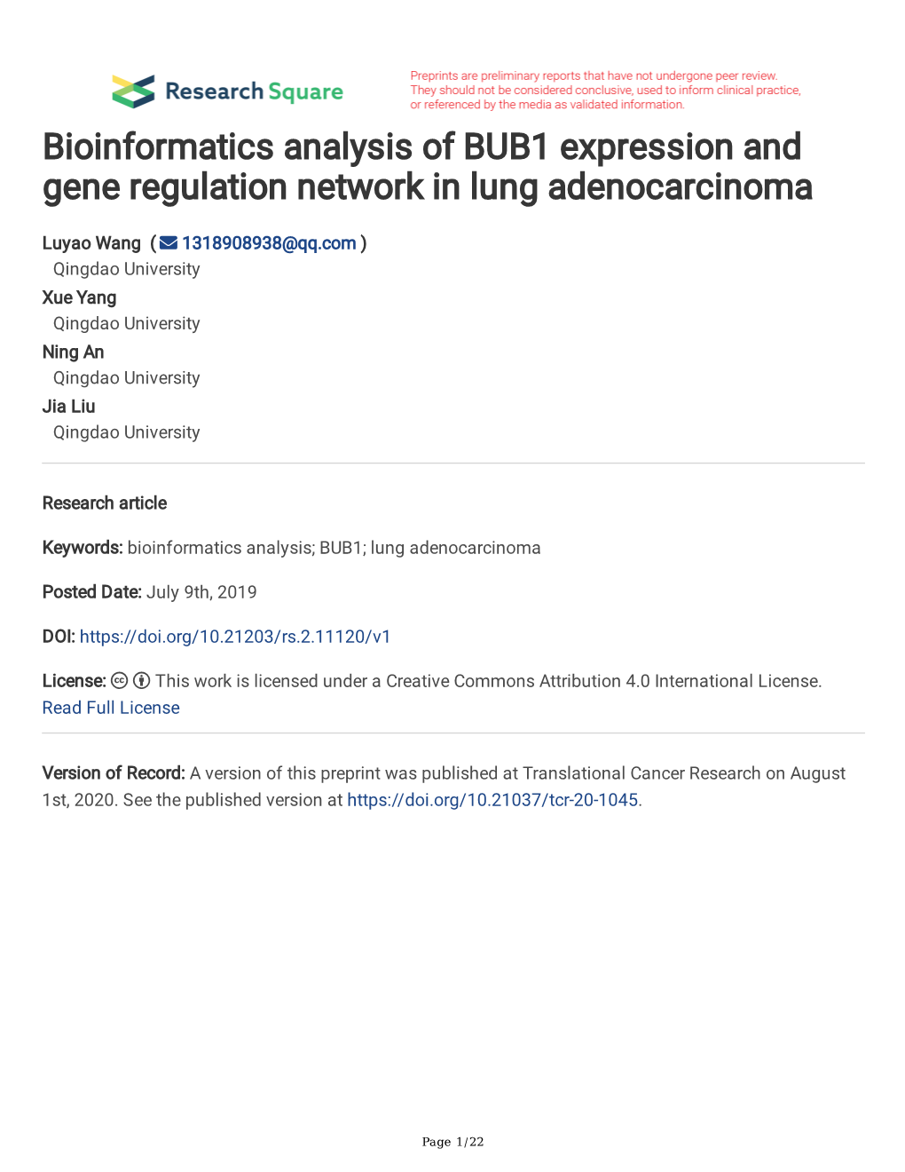 Bioinformatics Analysis of BUB1 Expression and Gene Regulation Network in Lung Adenocarcinoma