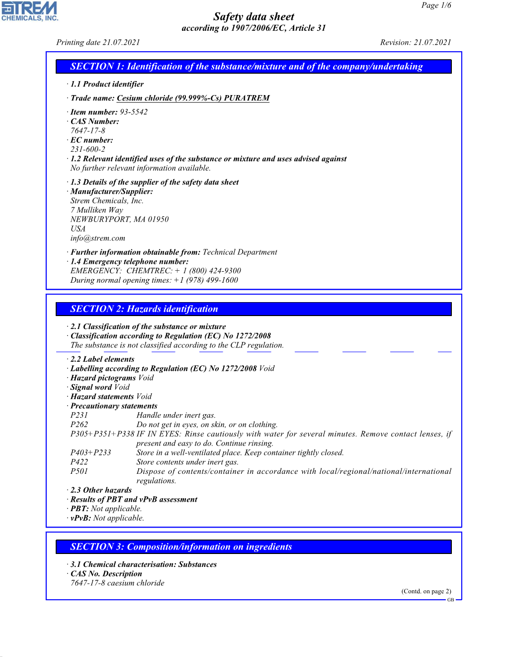 Safety Data Sheet According to 1907/2006/EC, Article 31 Printing Date 21.07.2021 Revision: 21.07.2021