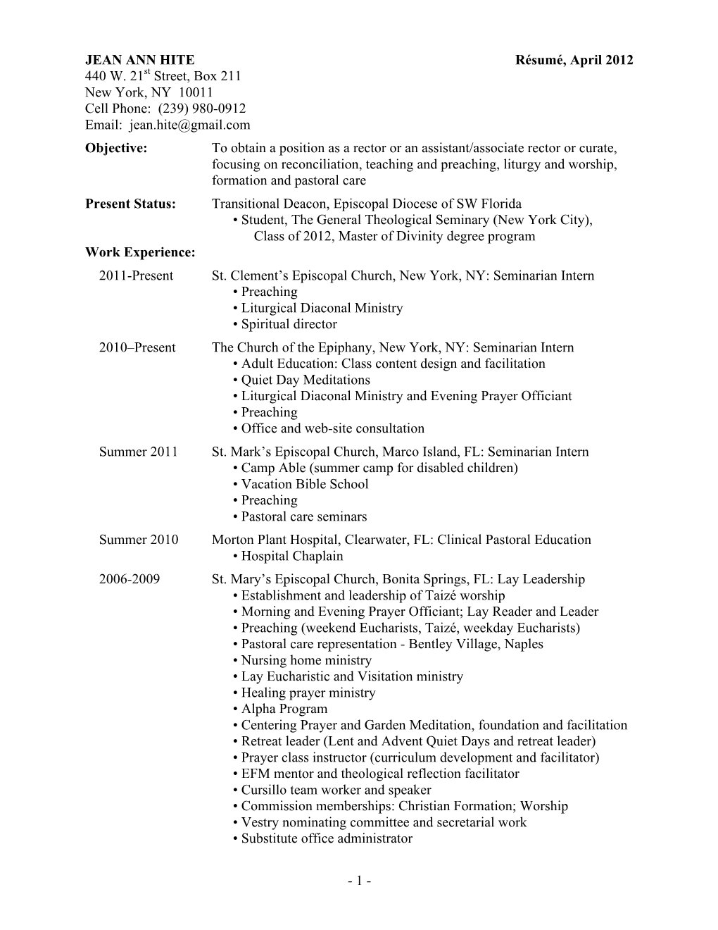 JEAN ANN HITE Résumé, April 2012 440 W. 21St Street, Box 211 New