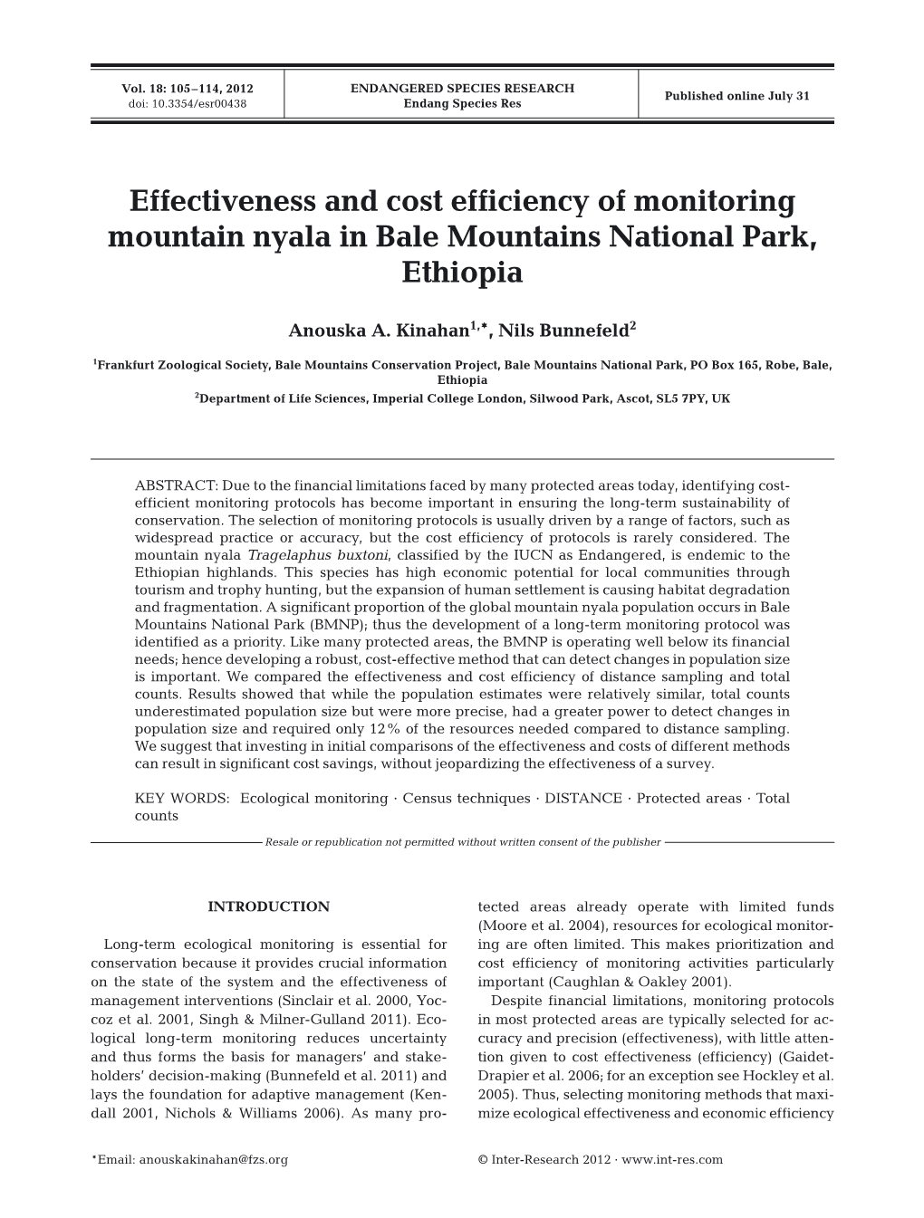 Effectiveness and Cost Efficiency of Monitoring Mountain Nyala in Bale Mountains National Park, Ethiopia