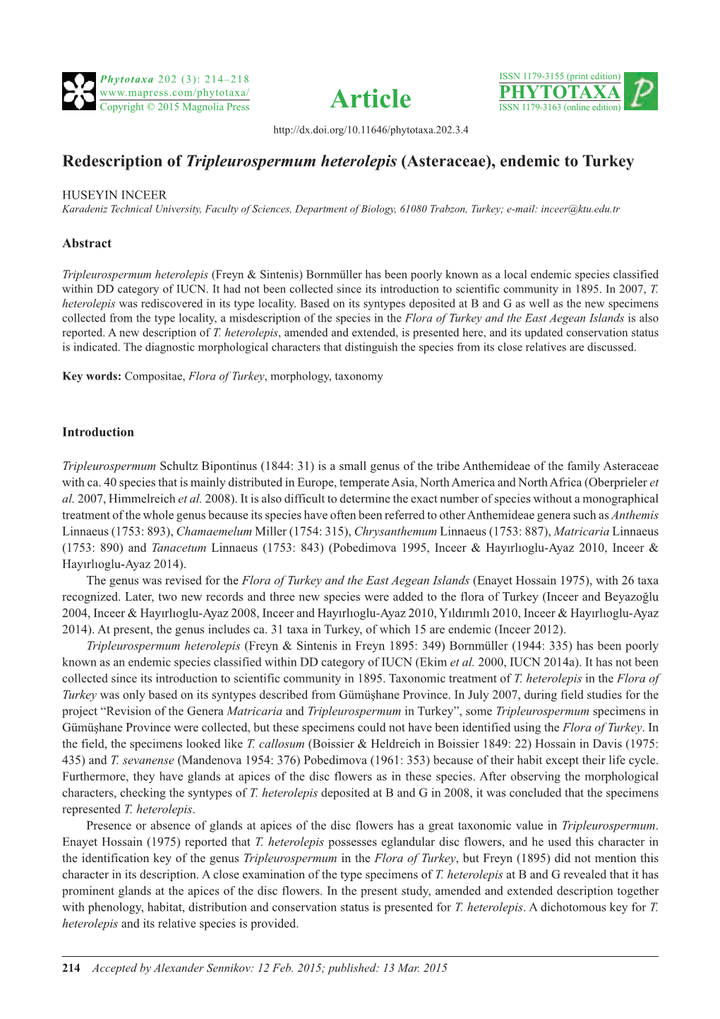 Redescription of Tripleurospermum Heterolepis (Asteraceae), Endemic to Turkey