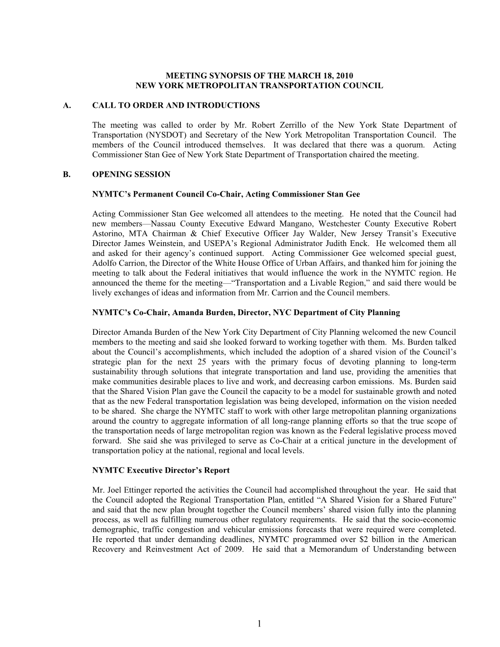 Meeting Synopsis of the March 18, 2010 New York Metropolitan Transportation Council