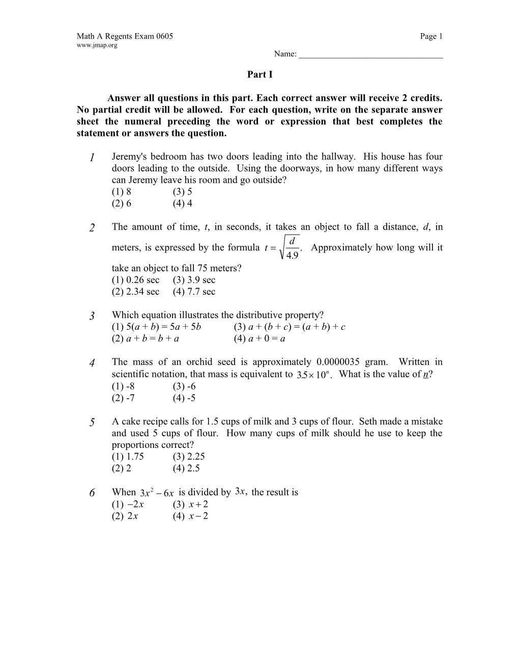 June 2005 Math a Regents Exam