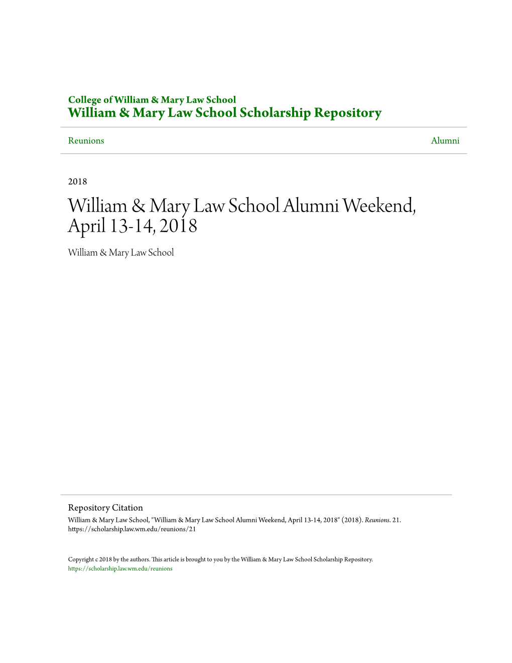 William & Mary Law School Alumni Weekend, April 13-14, 2018