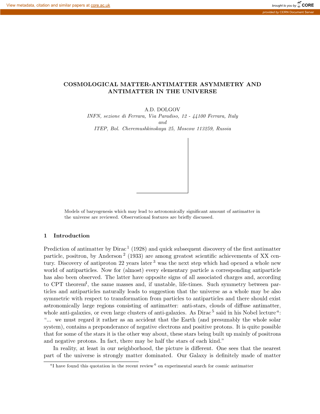 Cosmological Matter-Antimatter Asymmetry and Antimatter in the Universe