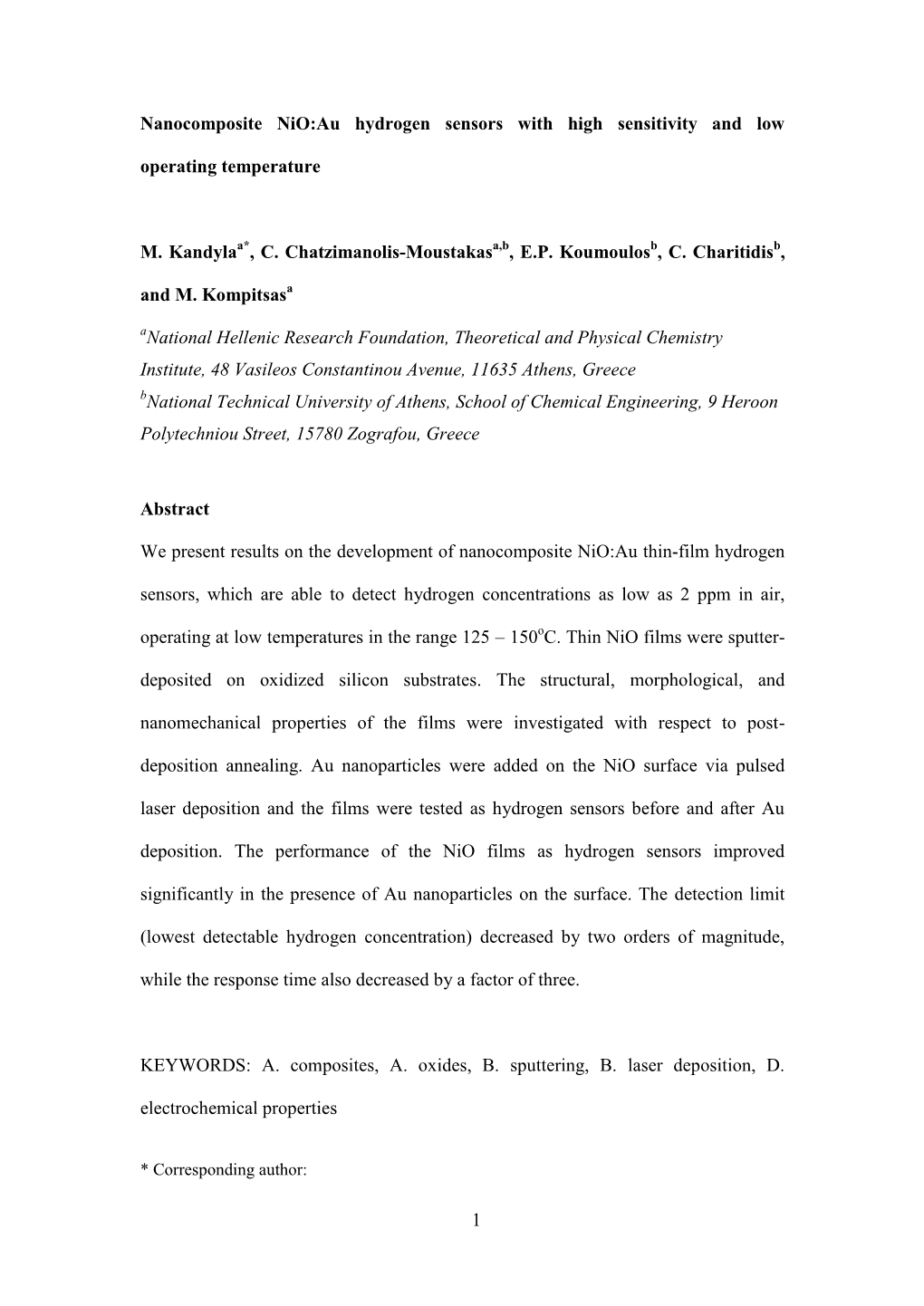 1 Nanocomposite Nio:Au Hydrogen Sensors with High Sensitivity And