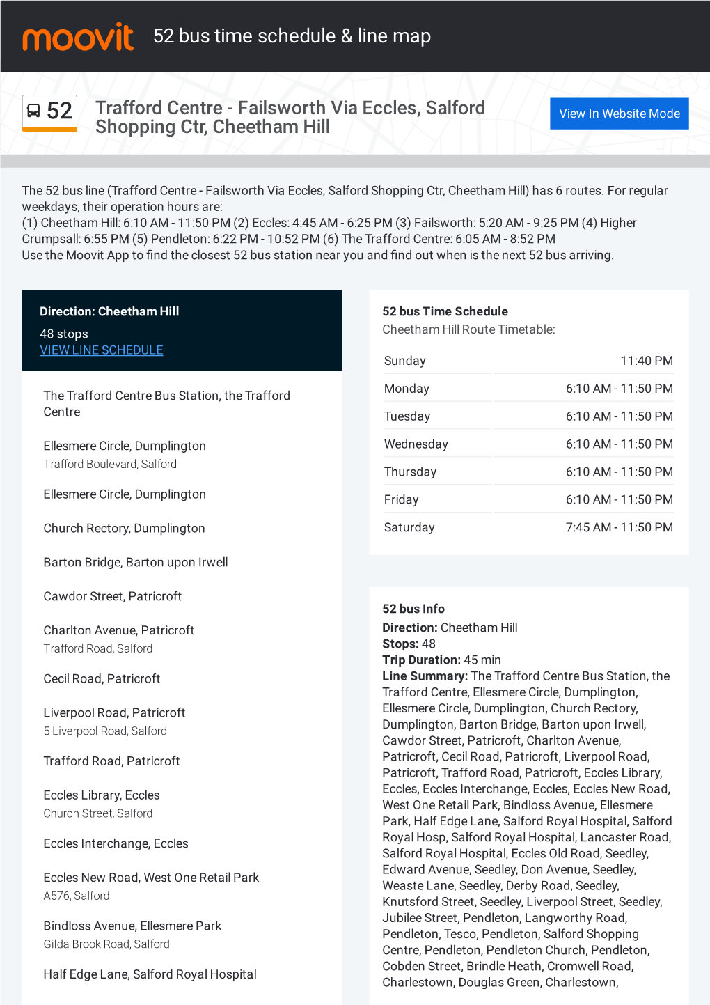 52 Bus Time Schedule & Line Route