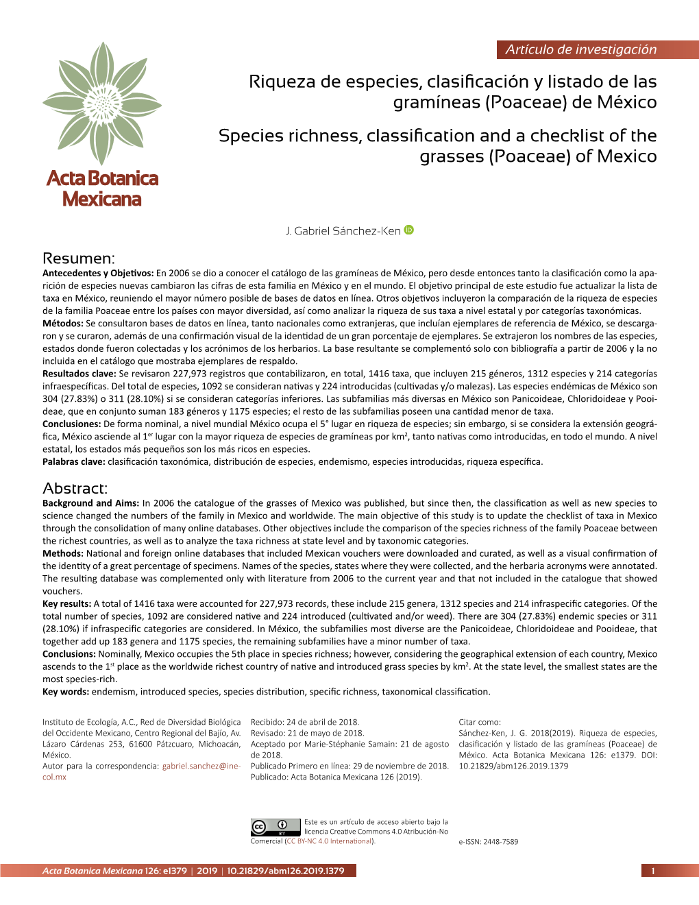 Poaceae) De México Species Richness, Classification and a Checklist of the Grasses (Poaceae) of Mexico