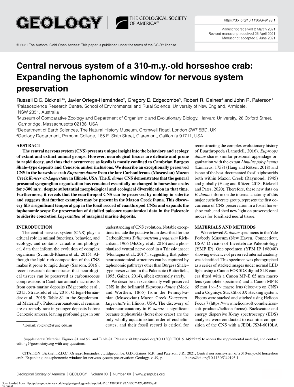 Central Nervous System of a 310-My-Old Horseshoe Crab