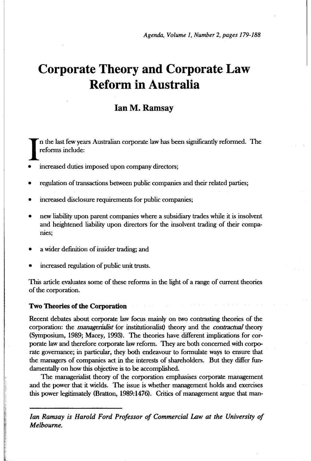 Corporate Theory and Corporate Law Reform in Australia