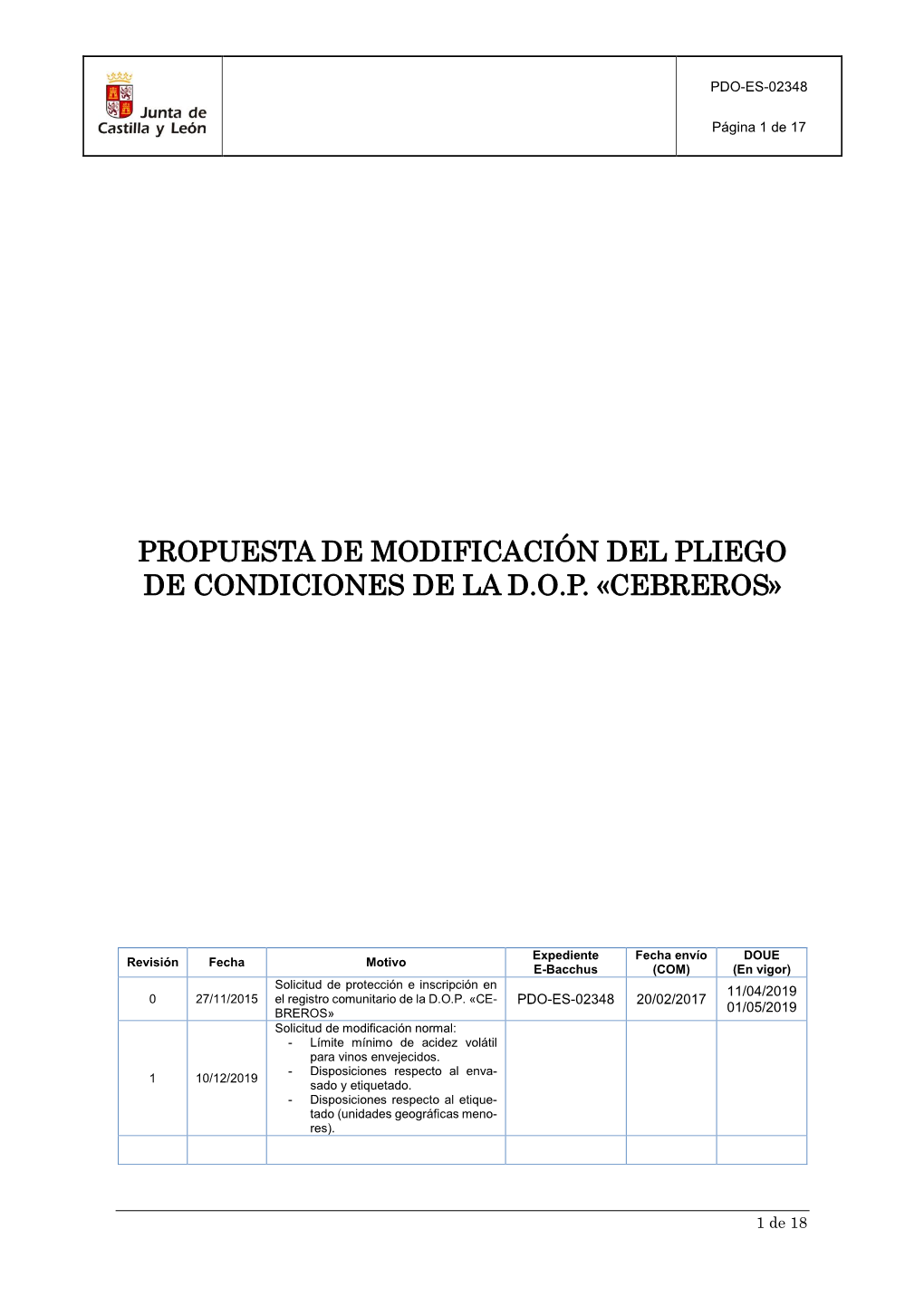 Propuesta: Pliego De Condiciones D.O.P. Cebreros