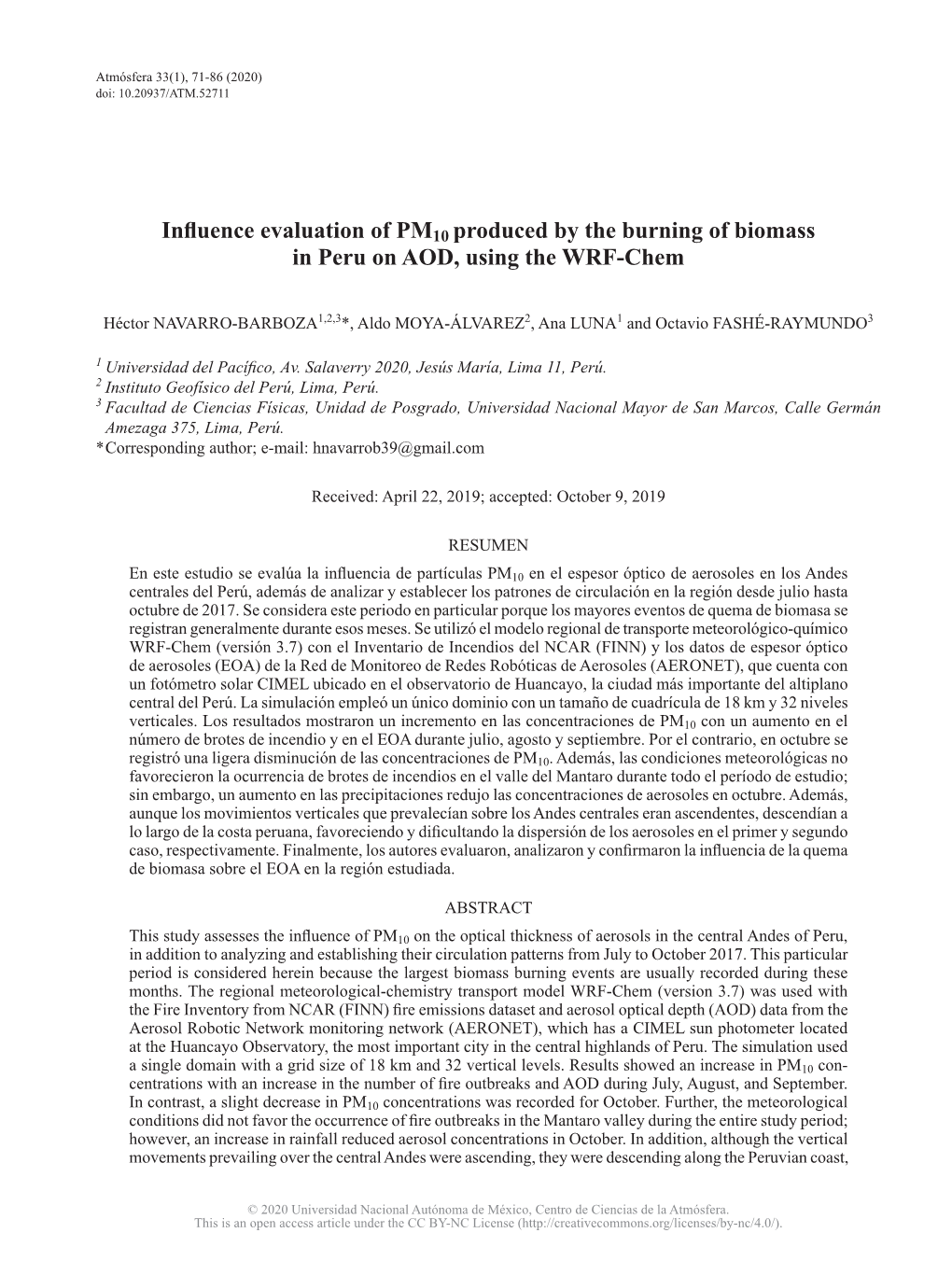 Influence Evaluation of PM10 Produced by the Burning of Biomass in Peru on AOD, Using the WRF-Chem