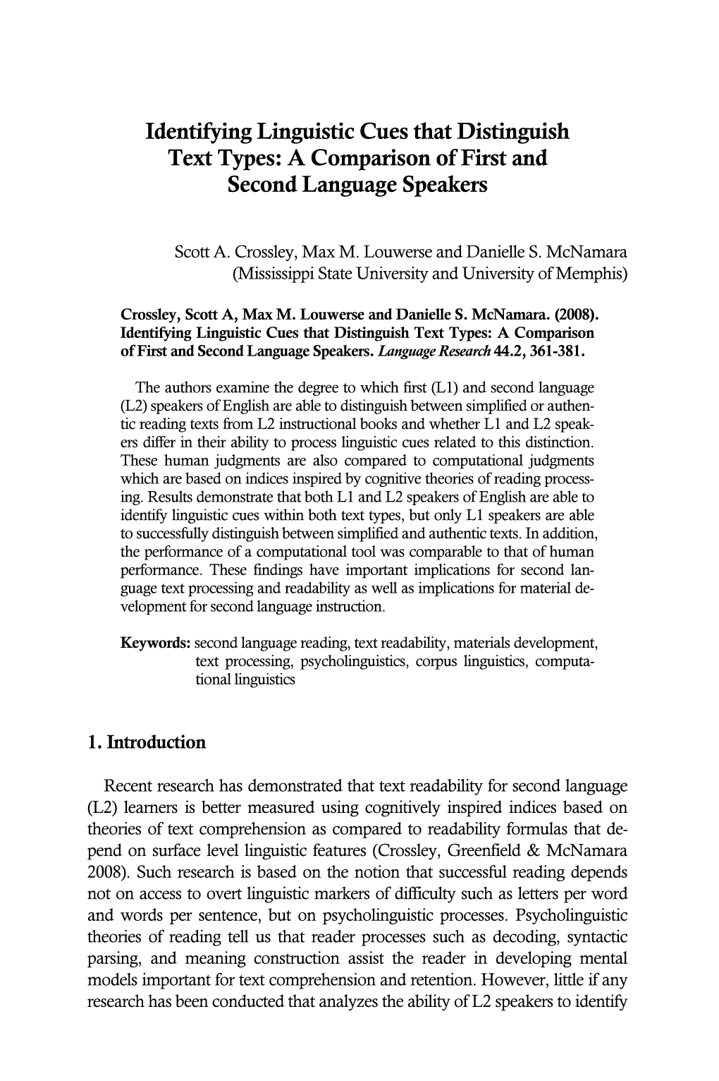 Identifying Linguistic Cues That Distinguish Text Types: a Comparison of First and Second Language Speakers