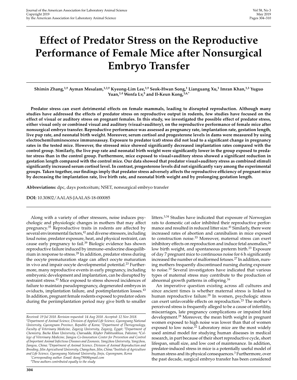 Effect of Predator Stress on the Reproductive Performance of Female Mice After Nonsurgical Embryo Transfer