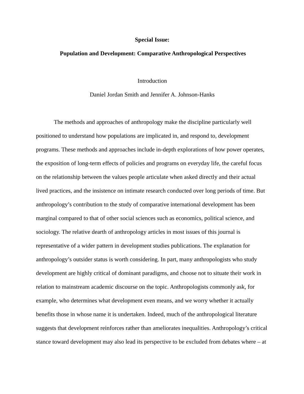 Anthropology's Contribution to the Study of Comparative International