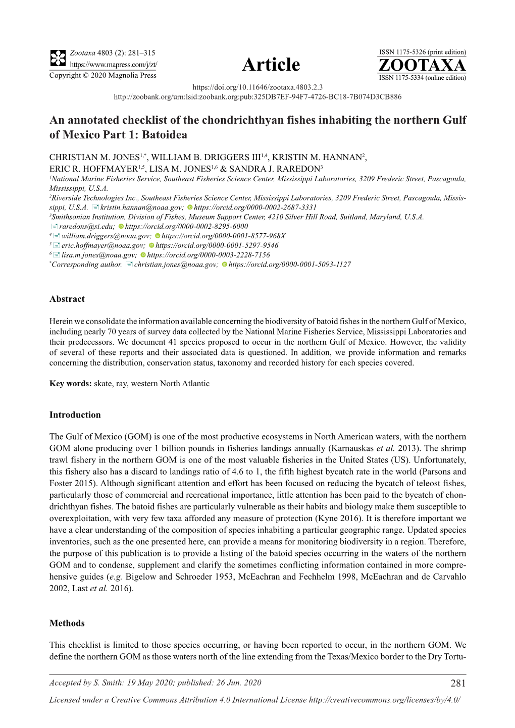 An Annotated Checklist of the Chondrichthyan Fishes Inhabiting the Northern Gulf of Mexico Part 1: Batoidea