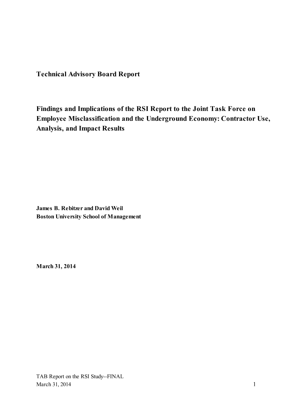 Technical Advisory Board Report Findings and Implications of the RSI Report to the Joint Task Force on Employee Misclassificatio
