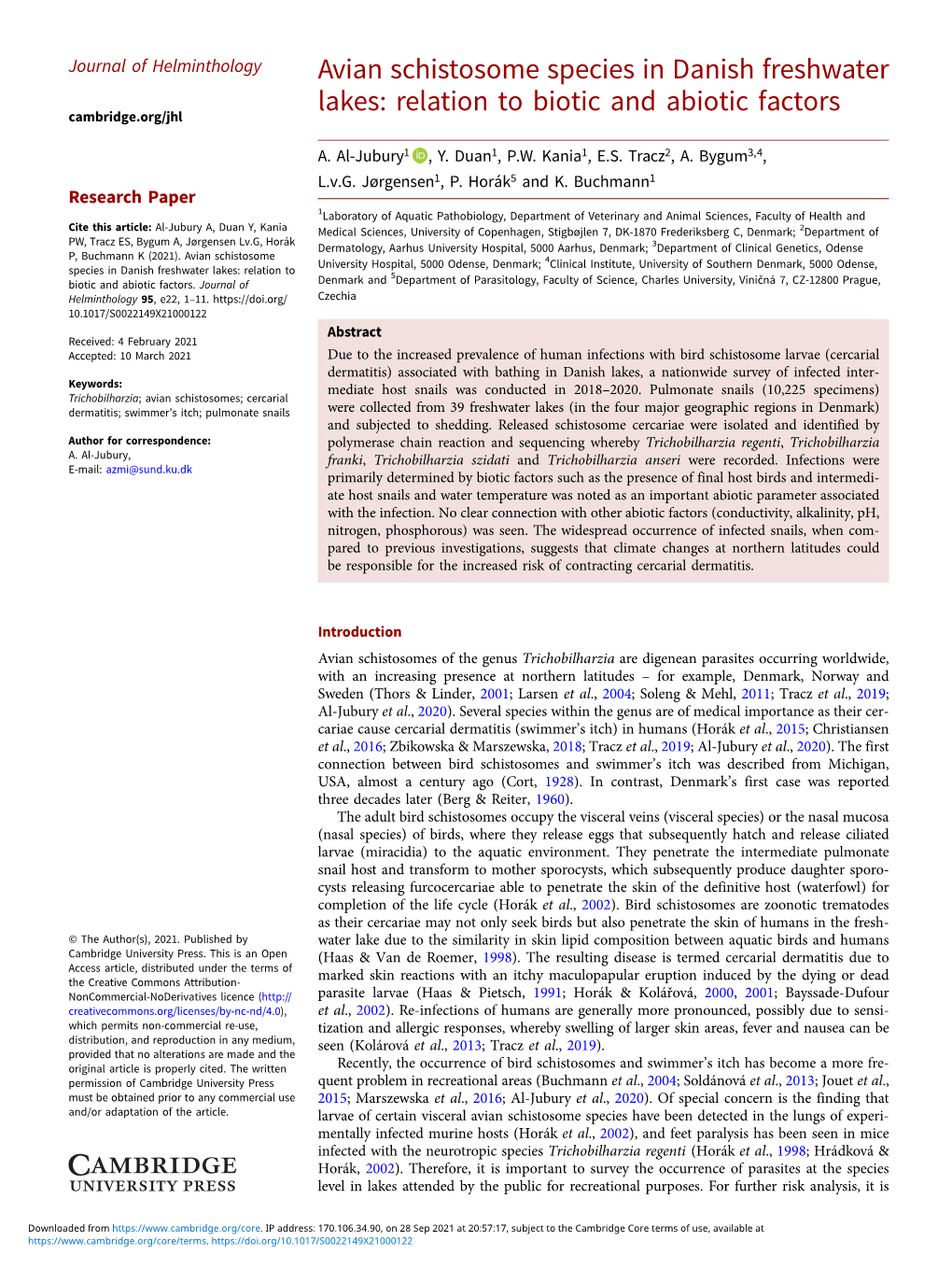 Avian Schistosome Species in Danish Freshwater Lakes: Relation to Biotic and Abiotic Factors Cambridge.Org/Jhl