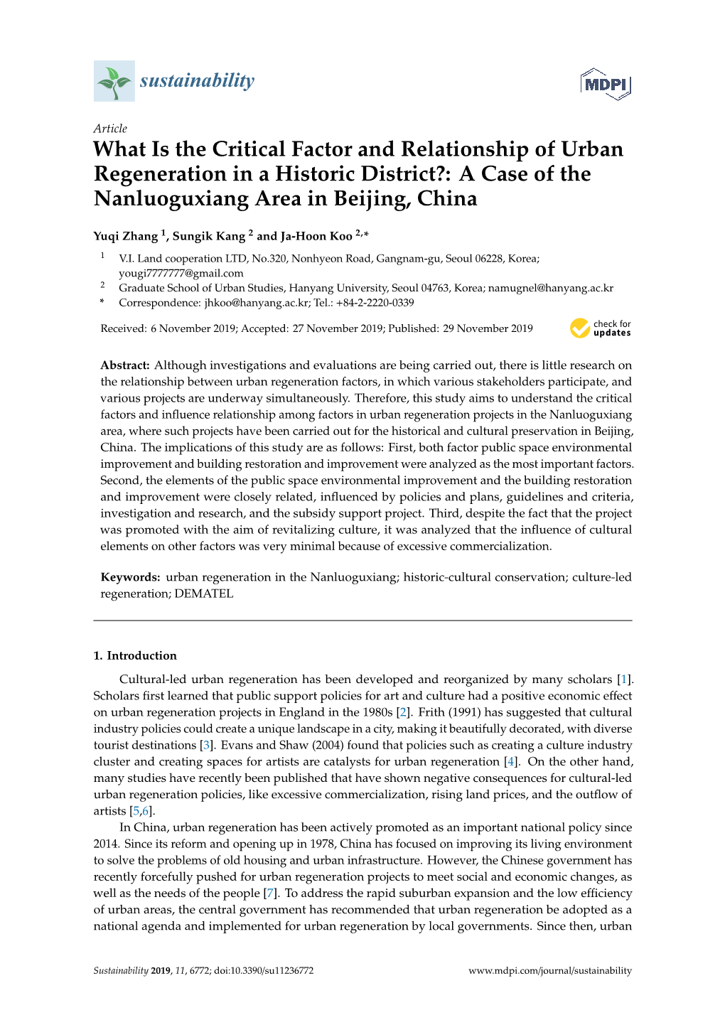 What Is the Critical Factor and Relationship of Urban Regeneration in a Historic District?: a Case of the Nanluoguxiang Area in Beijing, China