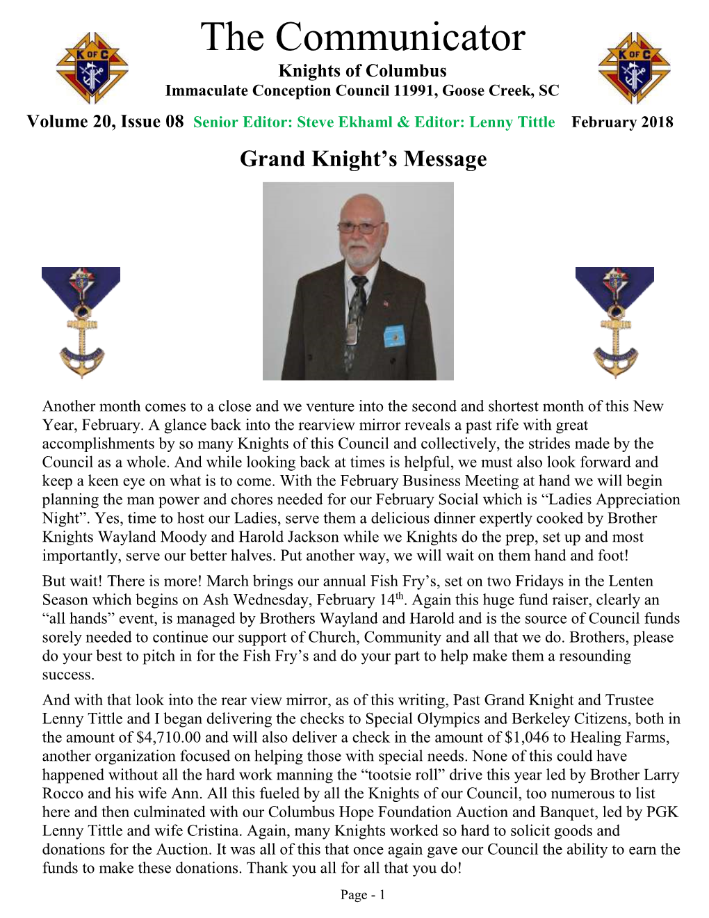 Lenny Tittle February 2018 Grand Knight's Message