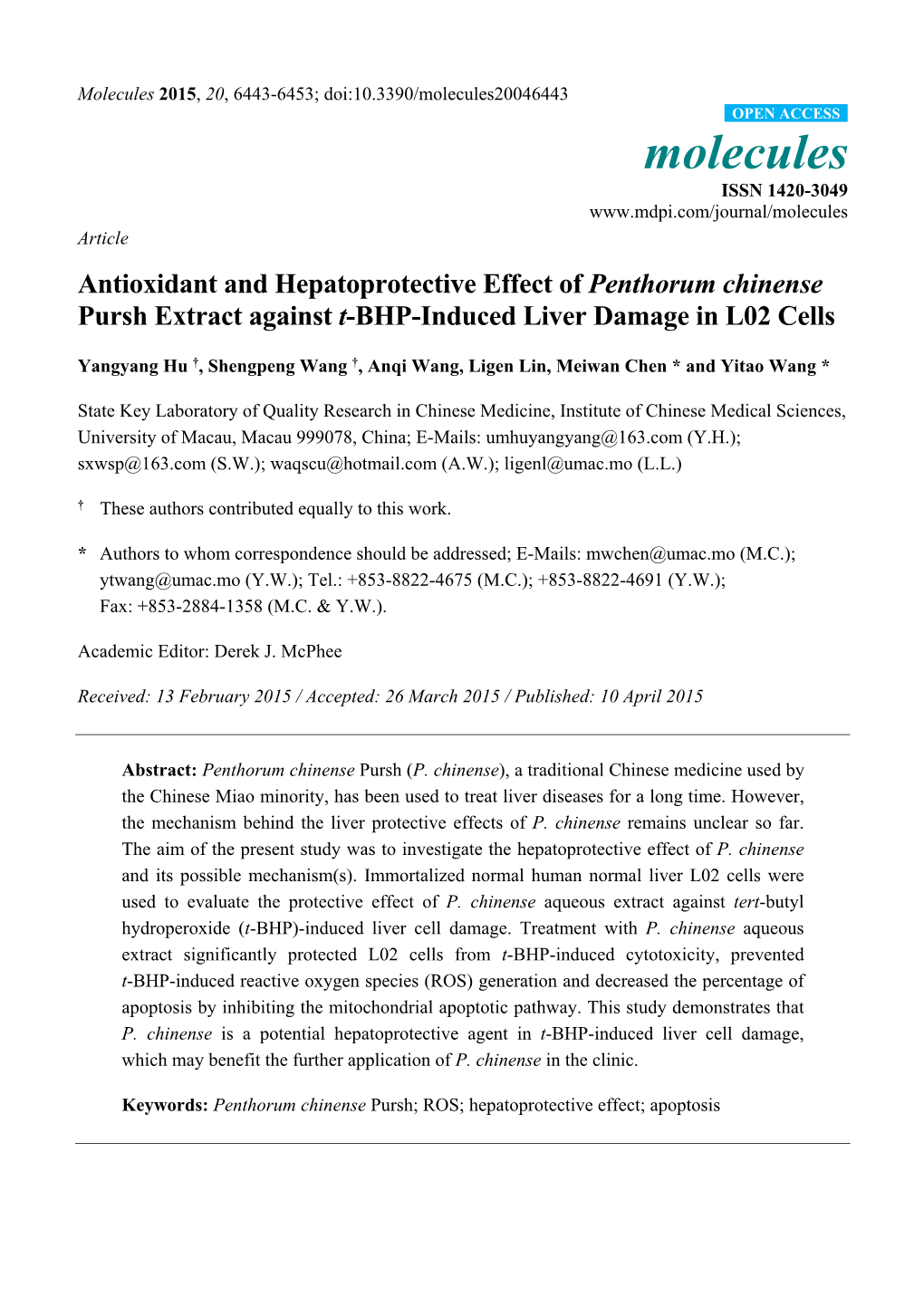 Antioxidant and Hepatoprotective Effect of Penthorum Chinense Pursh Extract Against T-BHP-Induced Liver Damage in L02 Cells