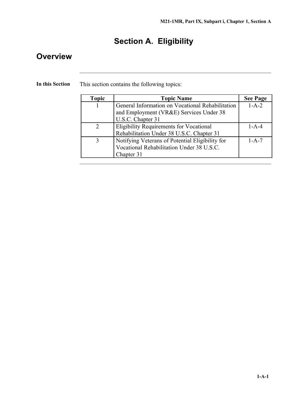 M21-1MR, Part IX, Subpart I, Chapter 1, Section A