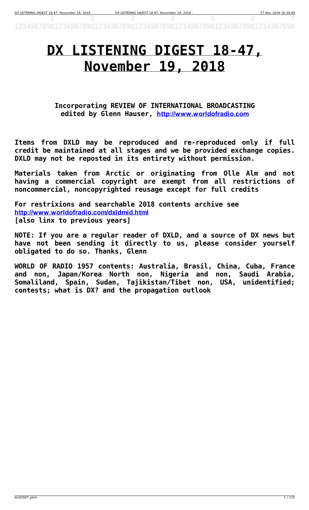 DX LISTENING DIGEST 18-47, November 19, 2018 DX LISTENING DIGEST 18-47, November 19, 2018 - 27 Nov 2018 16:39:49