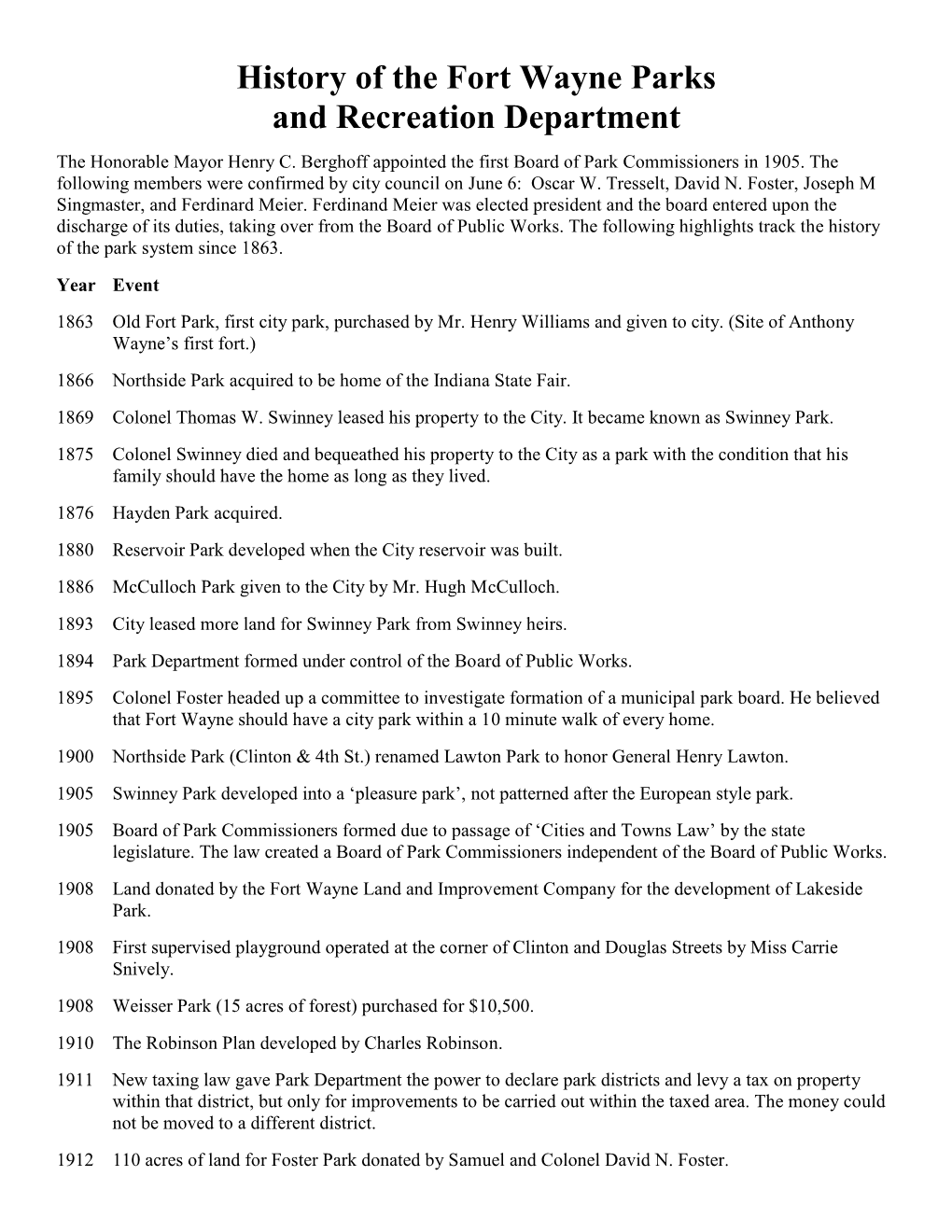 History of the Fort Wayne Parks Thru 2019