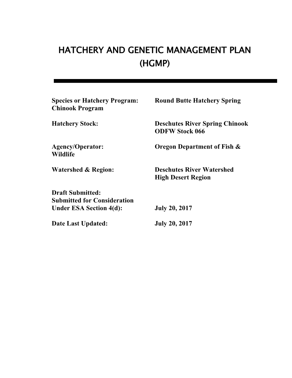 Round Butte Hatchery Spring Chinook Salmon HGMP 2017