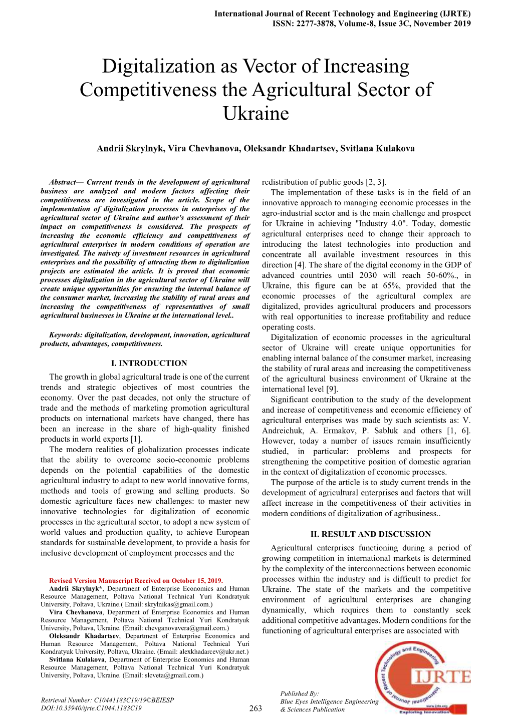 Digitalization As Vector of Increasing Competitiveness the Agricultural Sector of Ukraine