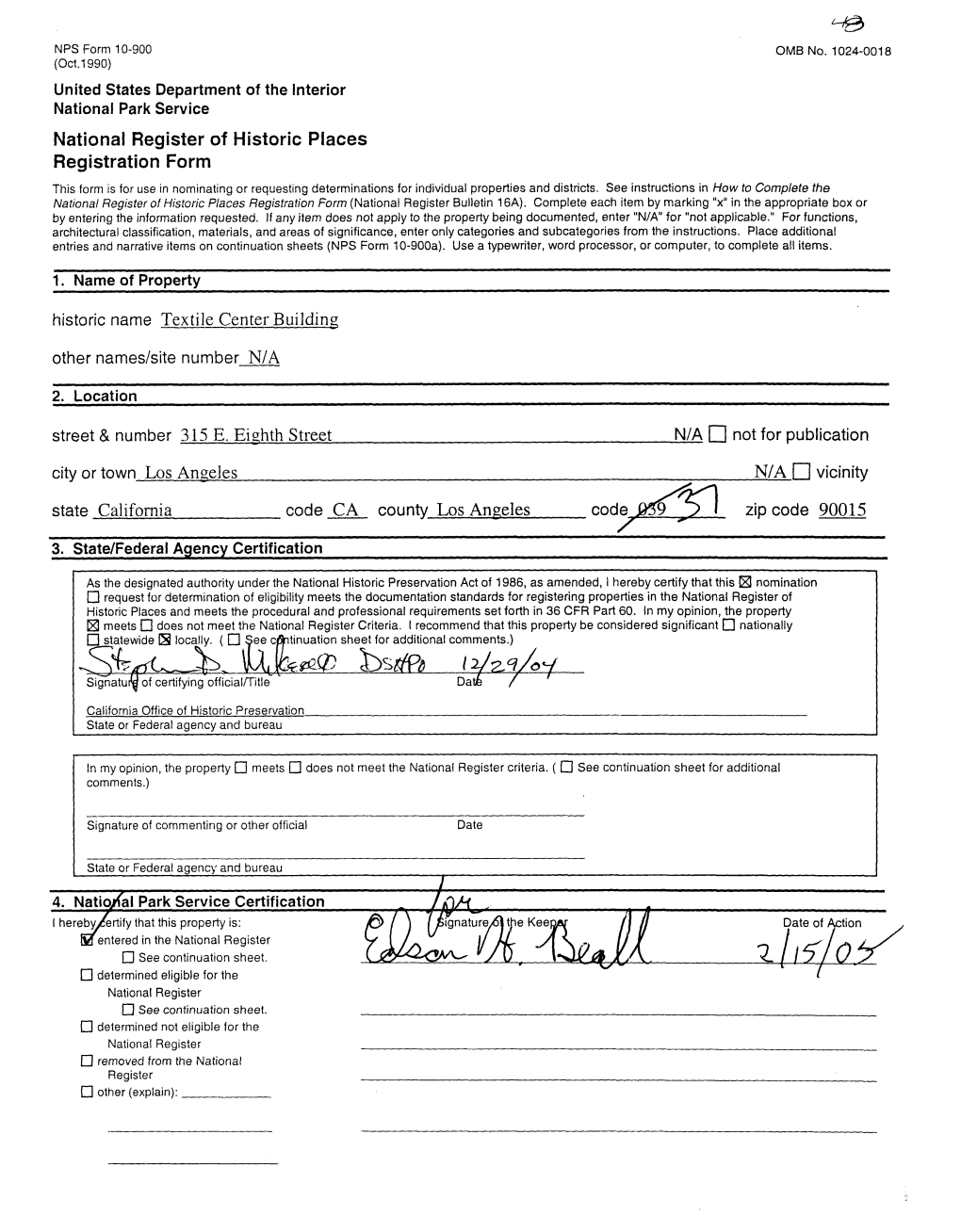 National Register of Historic Places Registration Form Historic Name Textile Center Building Other Names/Site Number N/A 2. Loca