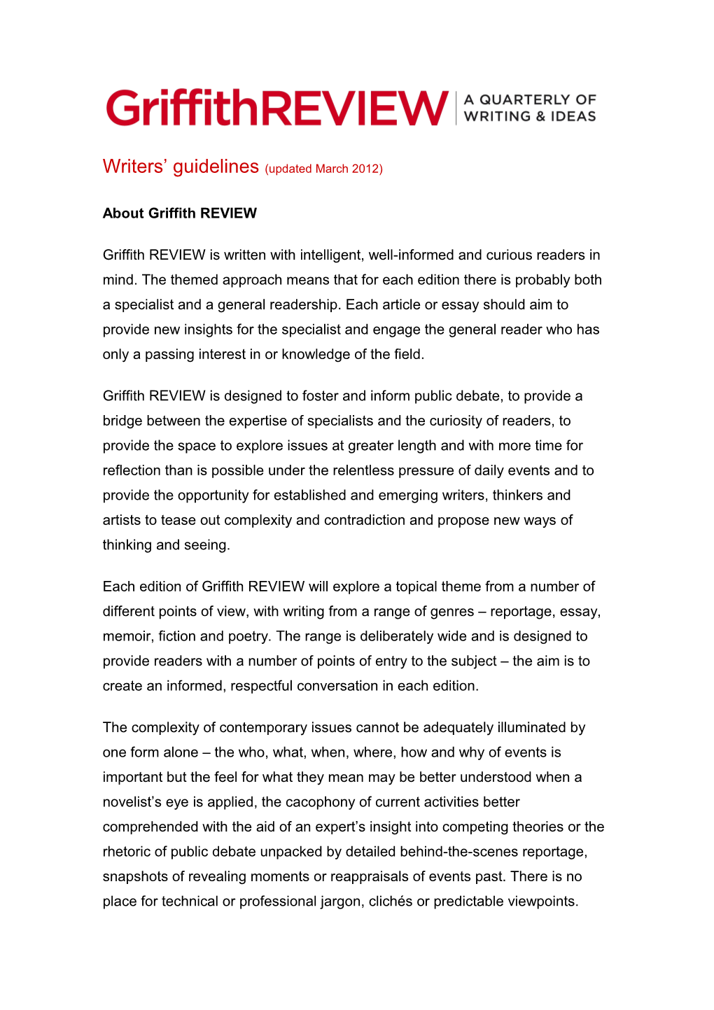 Griffith REVIEW: Writers Guidelines