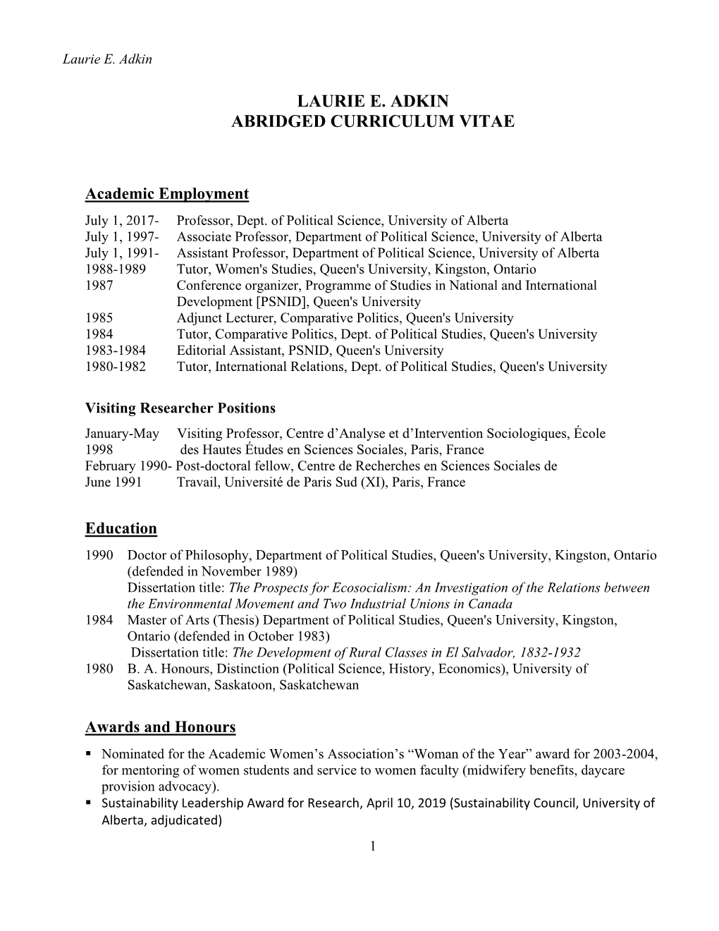 Laurie E. Adkin Abridged Curriculum Vitae