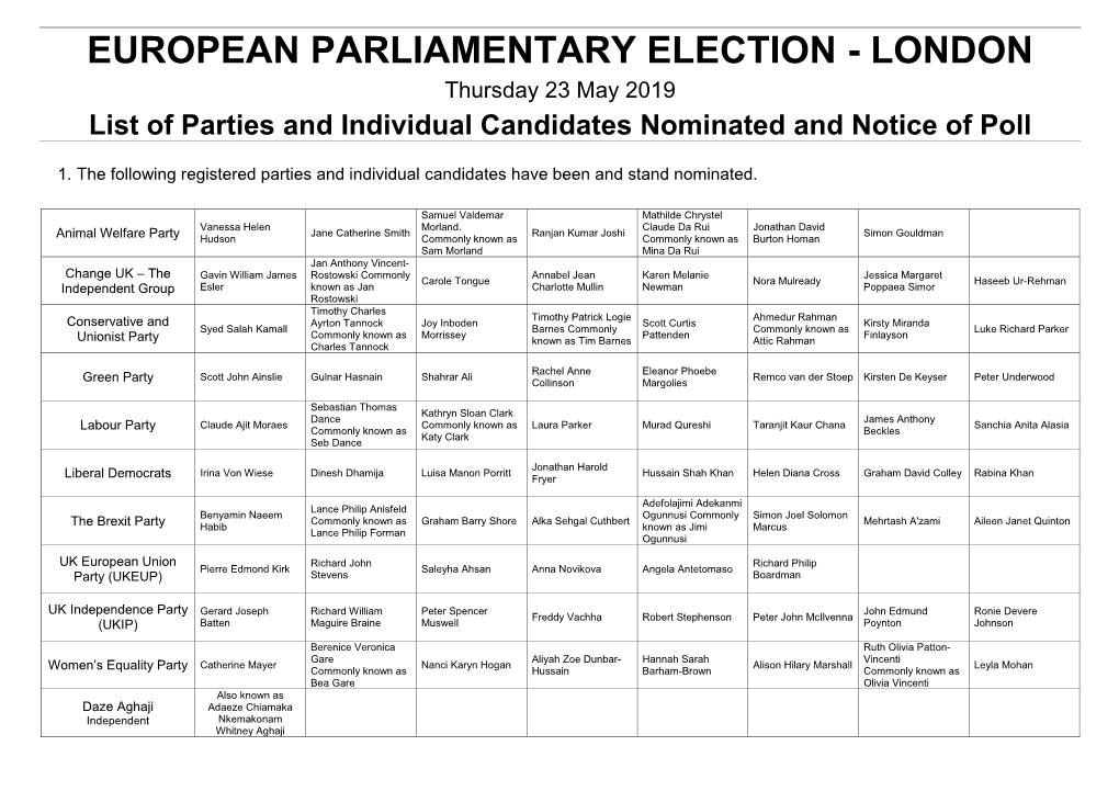 EUROPEAN PARLIAMENTARY ELECTION - LONDON Thursday 23 May 2019 List of Parties and Individual Candidates Nominated and Notice of Poll