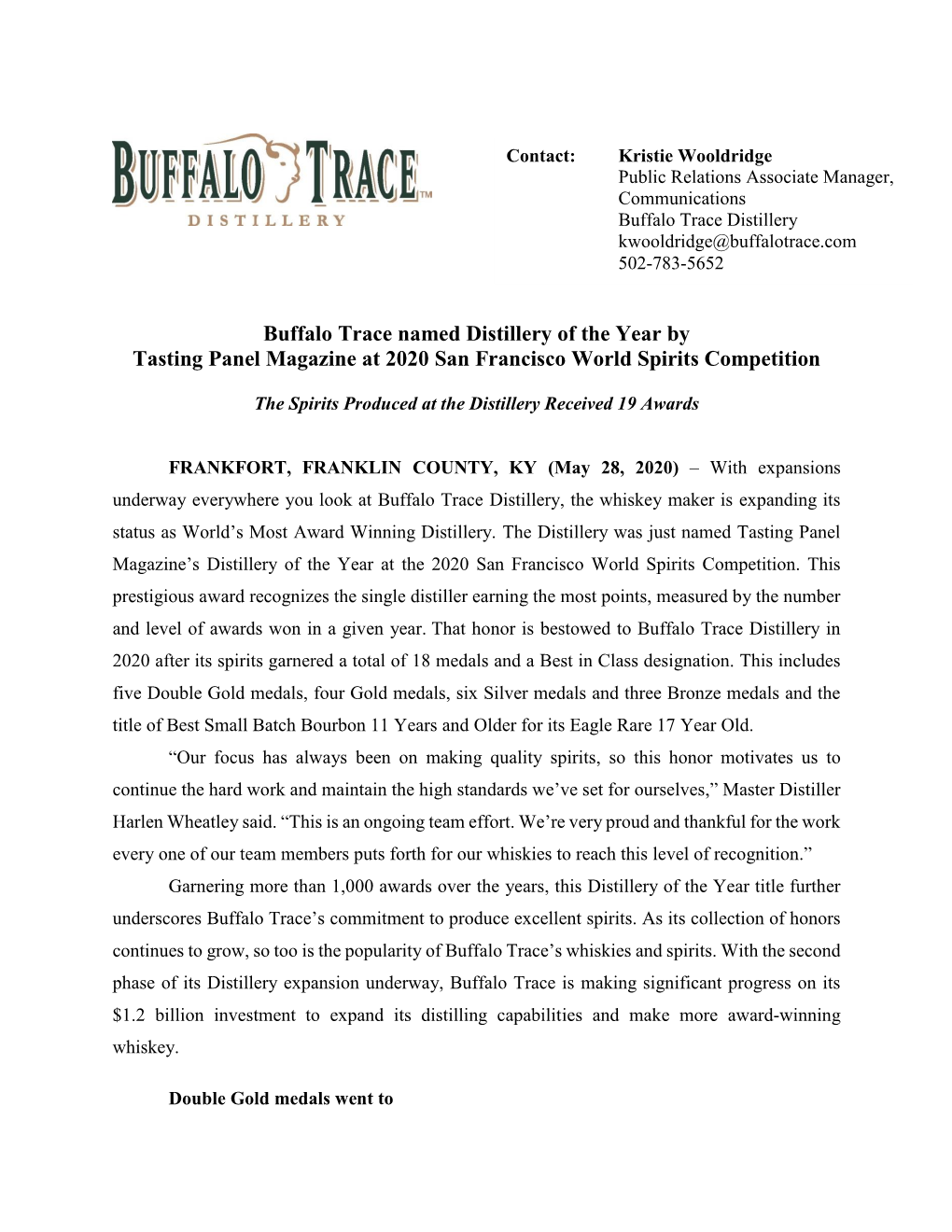 Buffalo Trace Named Distillery of the Year by Tasting Panel Magazine at 2020 San Francisco World Spirits Competition