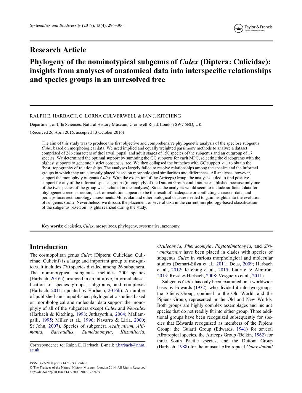 Phylogeny of the Nominotypical Subgenus of Culex \(Diptera