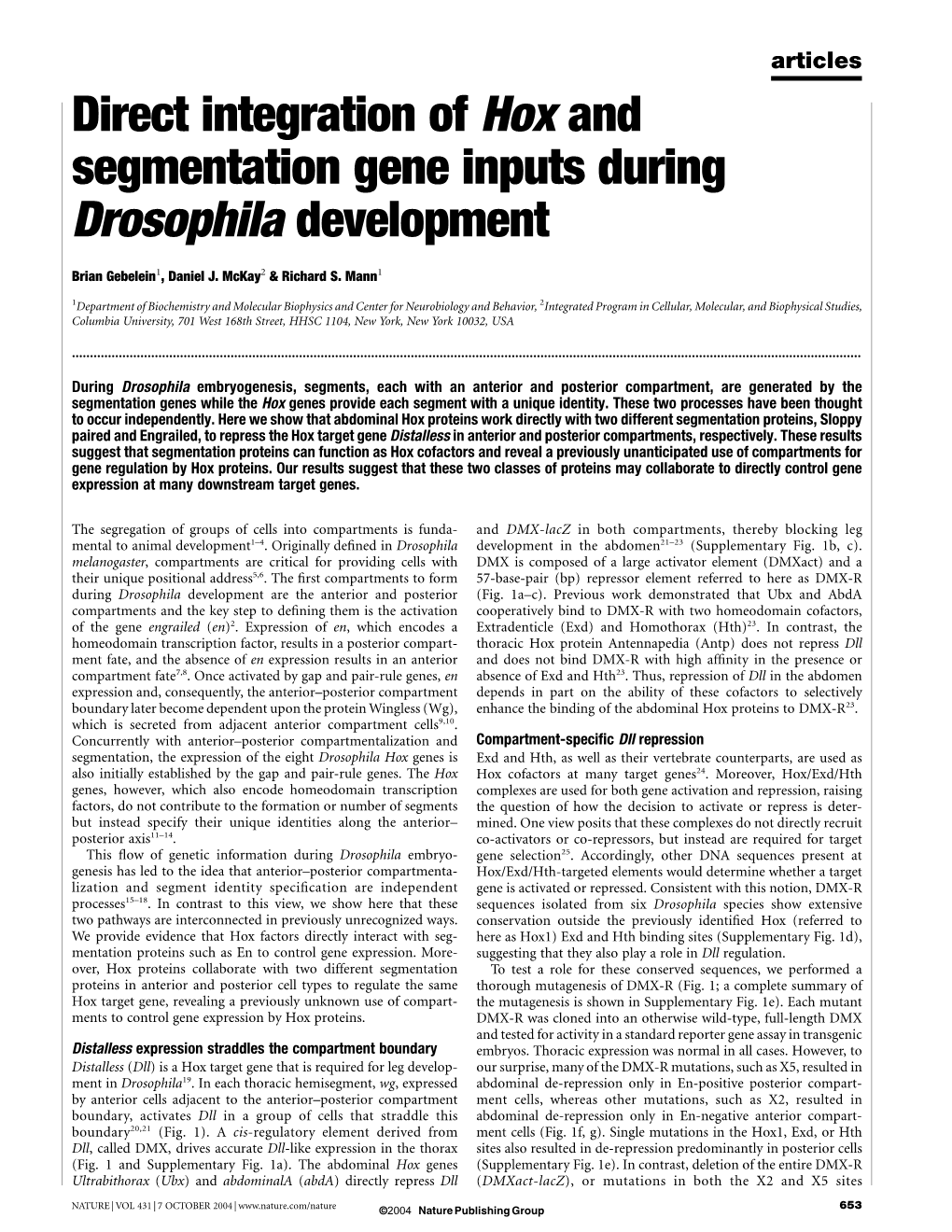 Direct Integration of Hox and Segmentation Gene Inputs During Drosophila Development