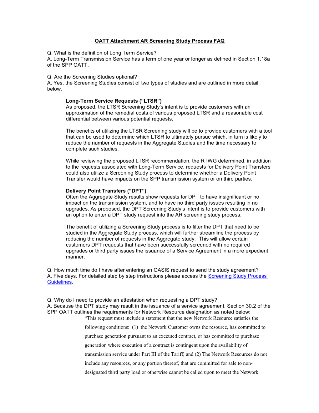 OATT Attachment AR Screening Study Process FAQ