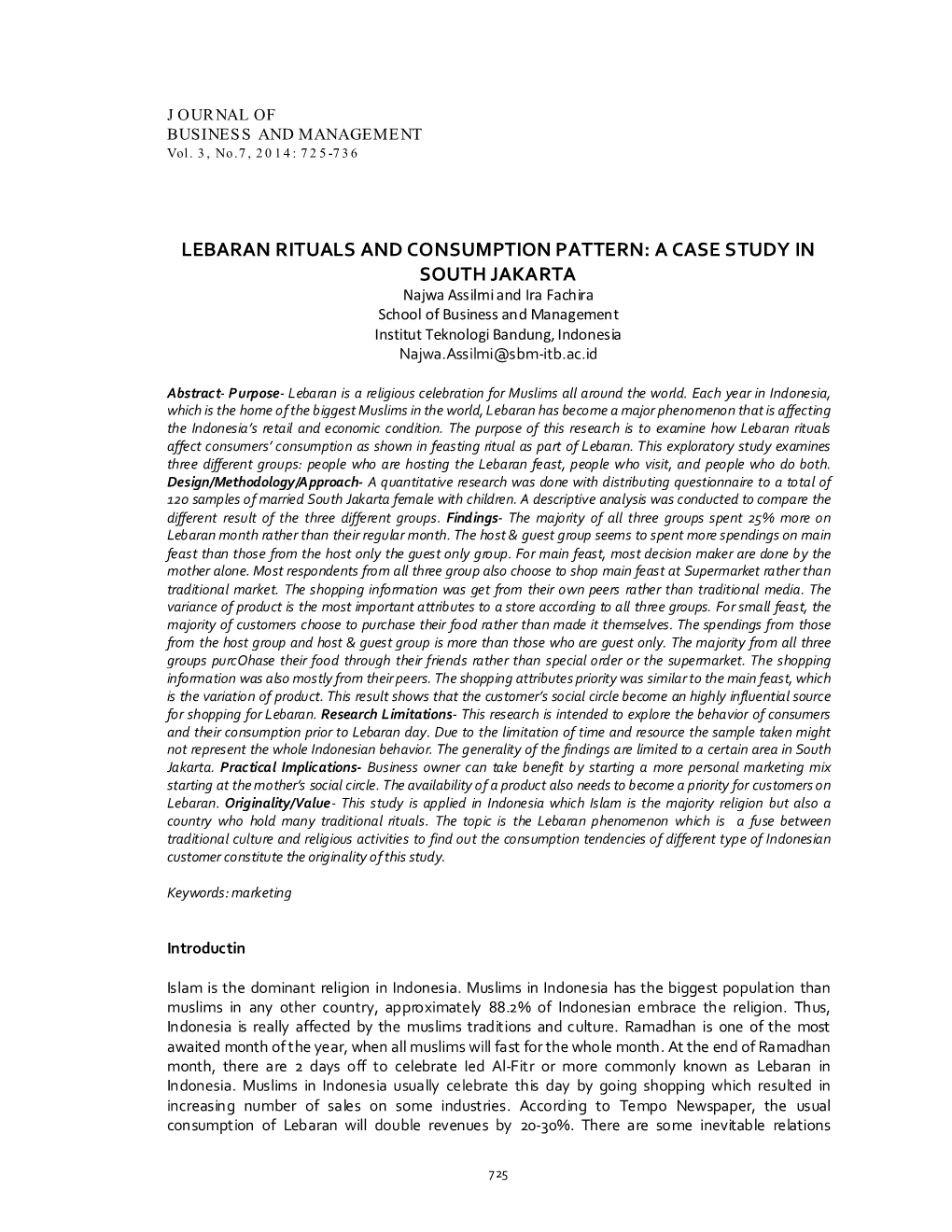 Lebaran Rituals and Consumption Pattern: A