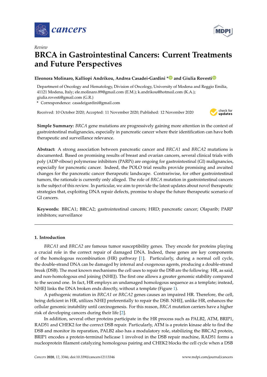 BRCA in Gastrointestinal Cancers: Current Treatments and Future Perspectives