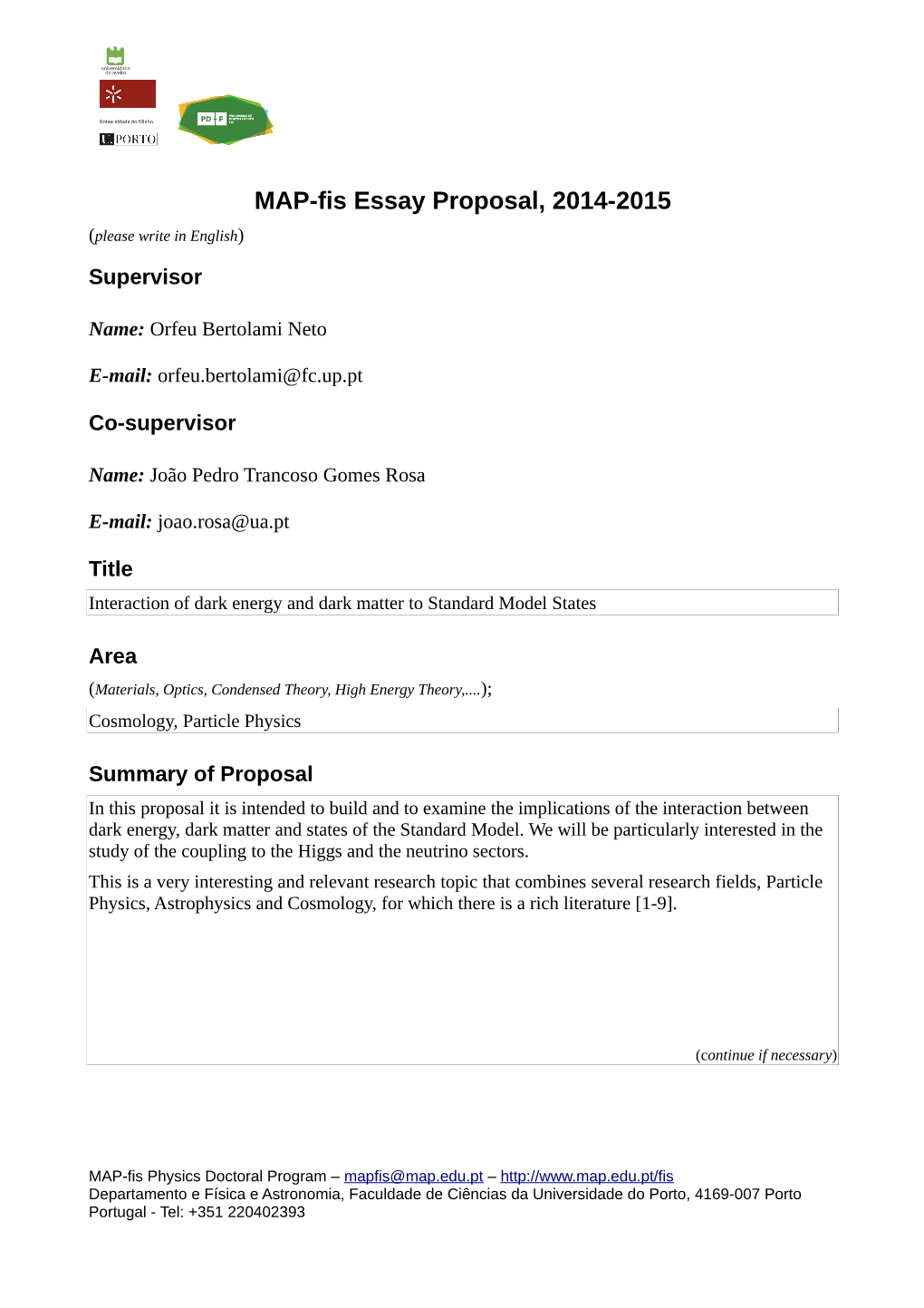 MAP-Fis Essay Proposal, 2014-2015 (Please Write in English)