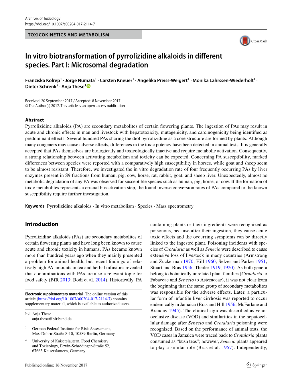 In Vitro Biotransformation of Pyrrolizidine Alkaloids in Different Species