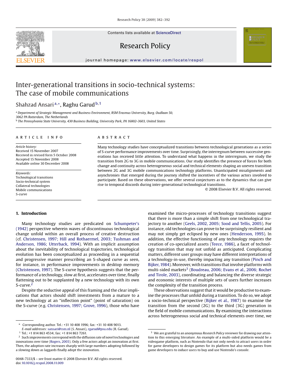 Research Policy Inter-Generational Transitions in Socio-Technical