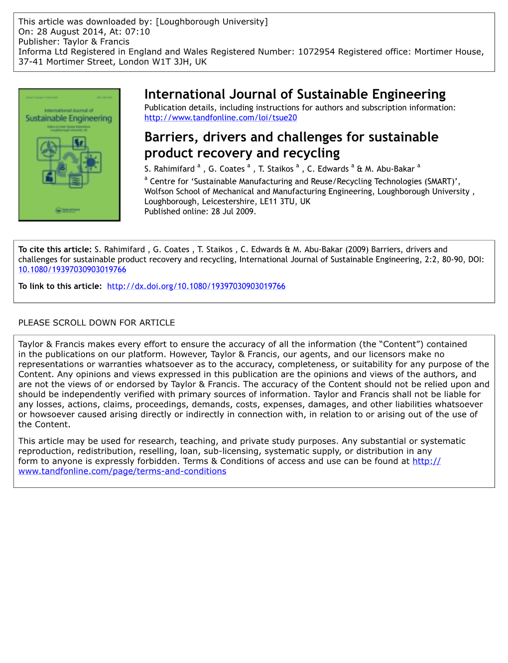 International Journal of Sustainable Engineering Barriers, Drivers And