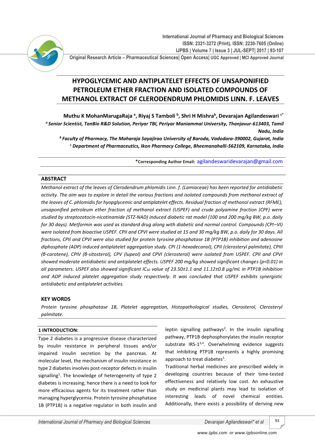 Hypoglycemic and Antiplatelet Effects of Unsaponified Petroleum Ether Fraction and Isolated Compounds of Methanol Extract of Clerodendrum Phlomidis Linn